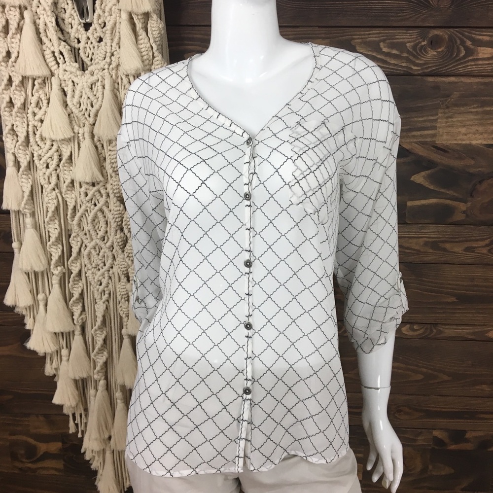 CAbi | Sheer Roll Sleeve Button Down Blouse